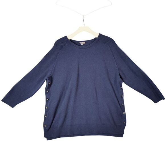 J.Jill Navy Blue Button Side Sweater‎ Womens 2X Wool Blend Knit Pullover Buttons - Picture 1 of 9
